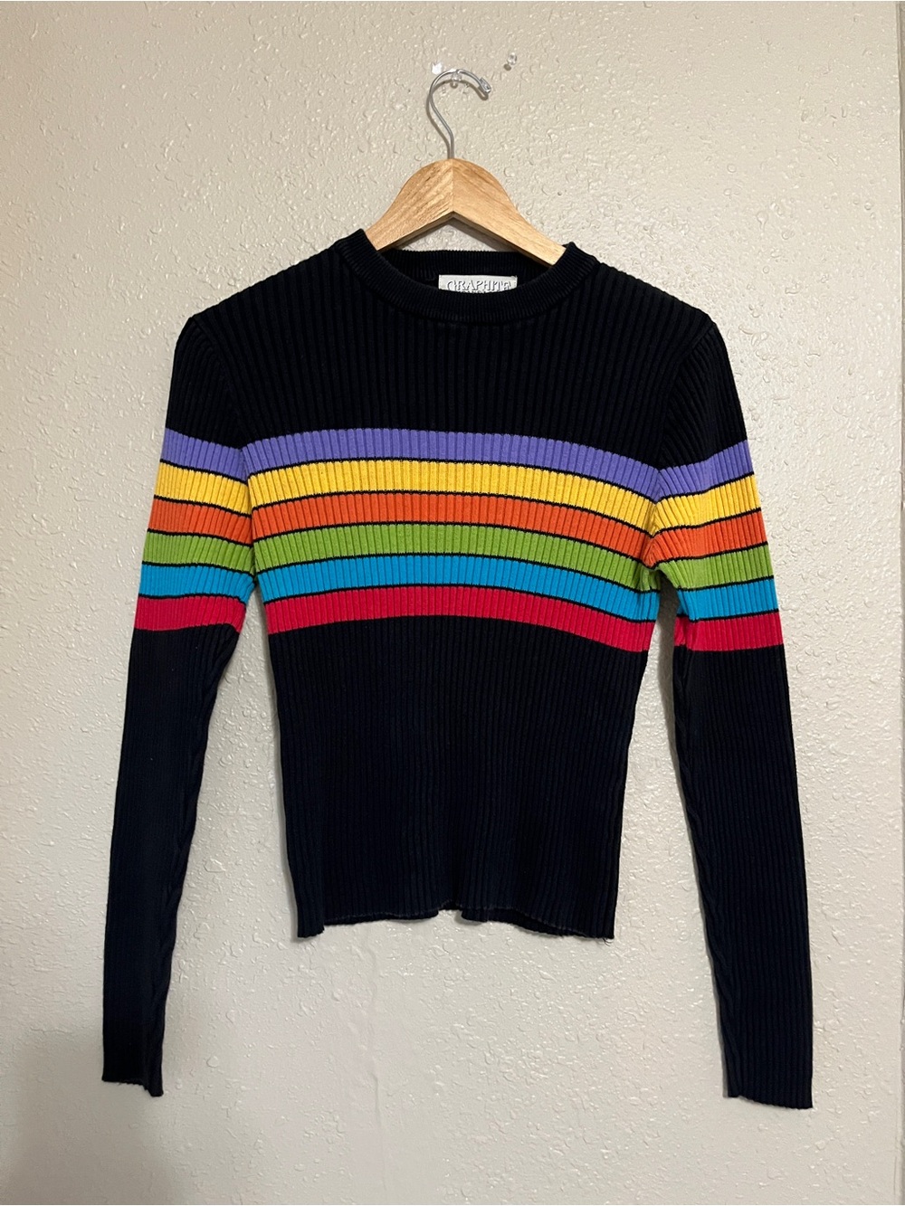 Vintage 90s Grahite Jeanswear Black Ribbed Rainbow Knit Sweater Large